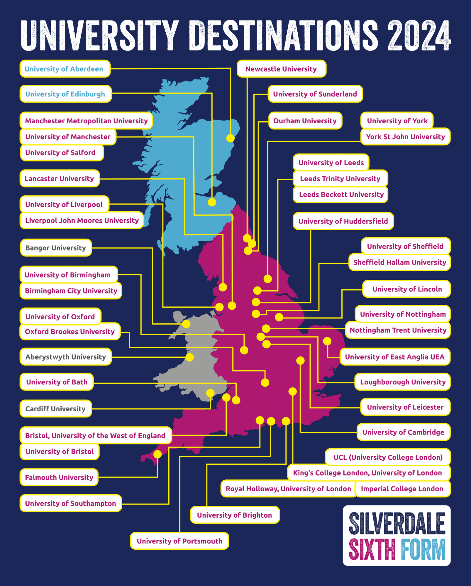 Map showing destinations of Year 13 students in 2024 and link to pdf